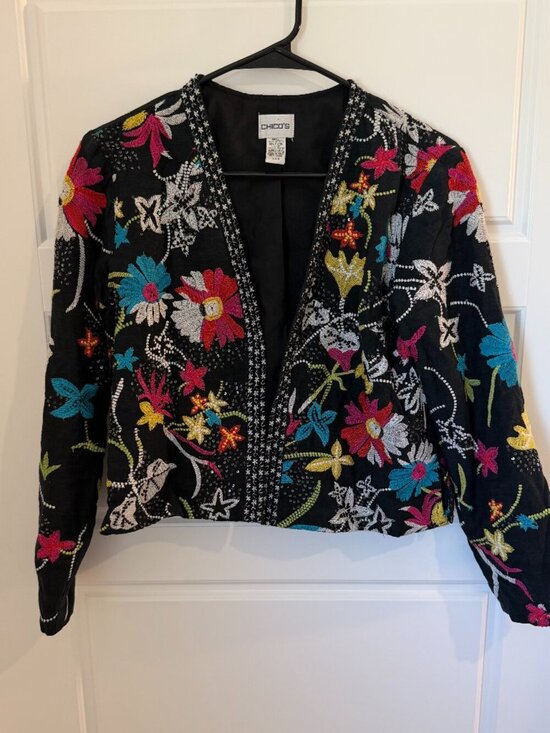Chico's Jackets & Blazers - Chicos Size 0 Floral Embroidered Jacket Black Open Front Boho Art to Wear